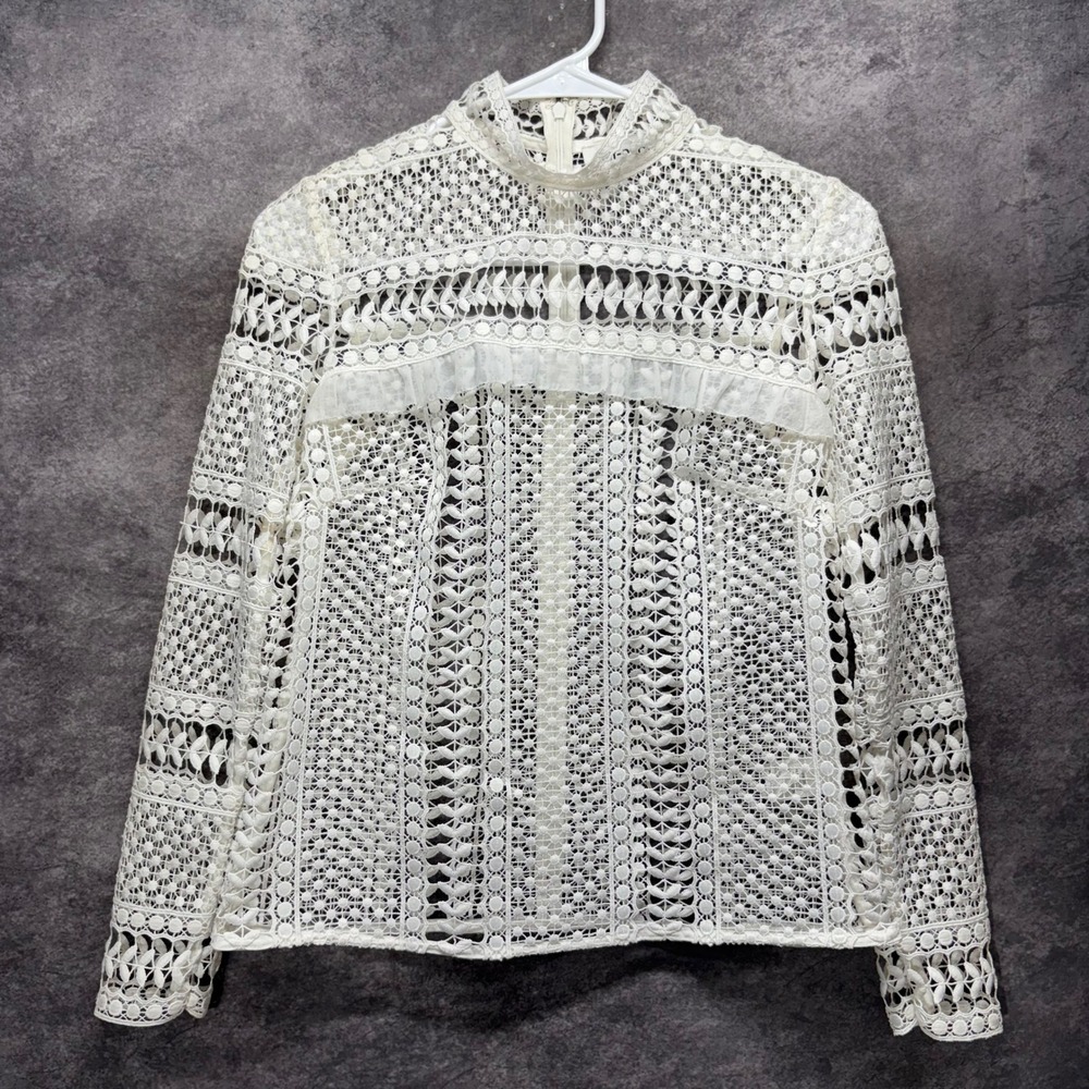 Self Portrait White Contrast Lace Panelled Top Blouse Size 0 Guipure Romantic